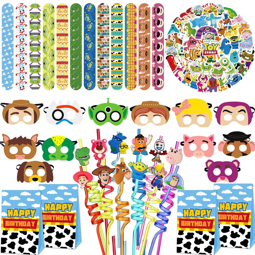 Toy Story Articoli per feste Cannucce riutilizzabili Braccialetti schiaffo Borse Adesivi Regali Bomboniere per feste di compleanno per bambini Regali per l'aula