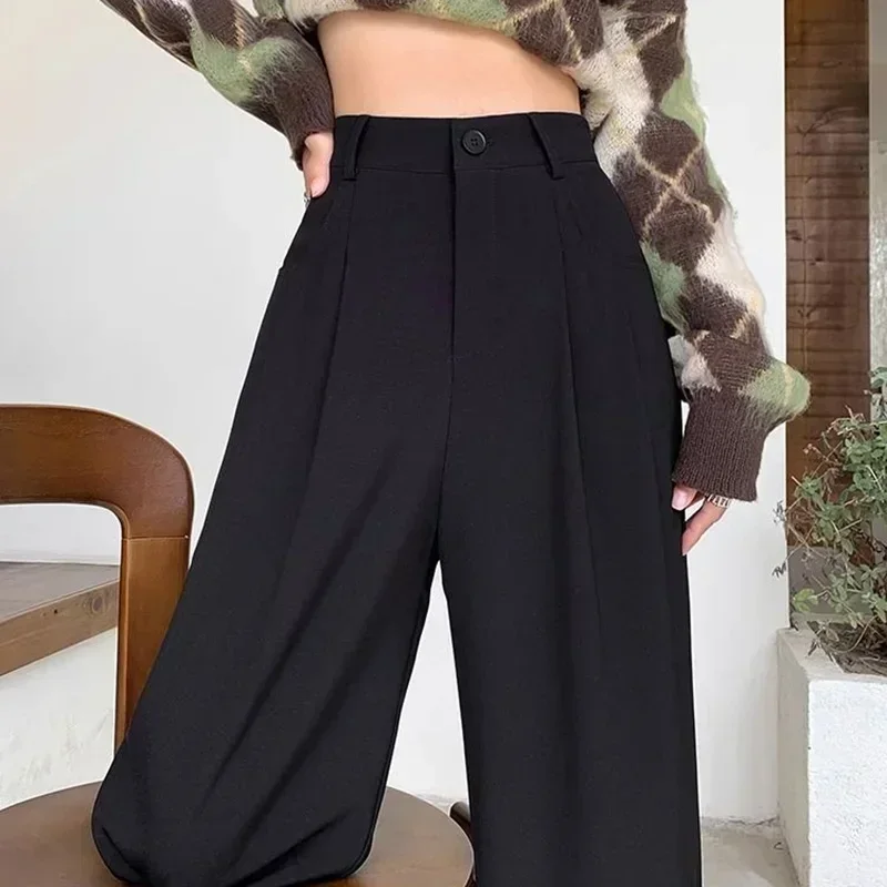 Frauen Mode Anzug Hosen Dame Atmungsaktive Baggy Hohe Taille Breite Bein Sommer Hosen Dame Gerade Bein Schwarz Kaffee Klassische Hosen – Detail 12