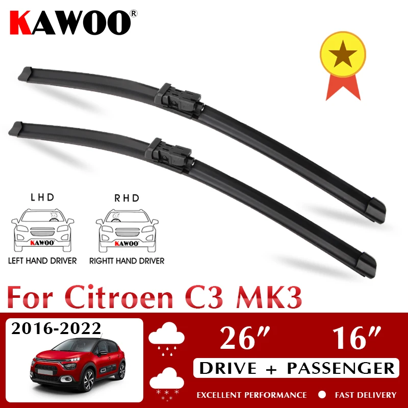 

KAWOO Wiper Front Car Wiper Blades For Citroen C3 MK3 2016-2022 Windshield Windscreen Front Window Accessories 26"+16" LHD RHD