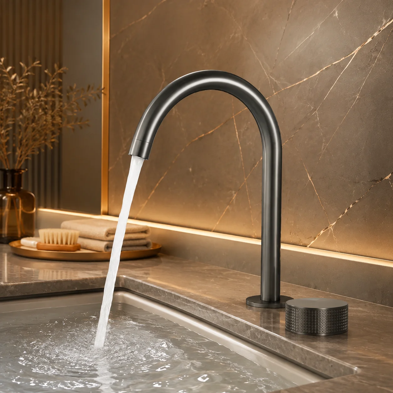 Luxury Gunmetal Basin Faucet Knurled Switch 360 Rotating Two Holes Deck Mounted Bathroom Sink Tap Widespread Mixer Set