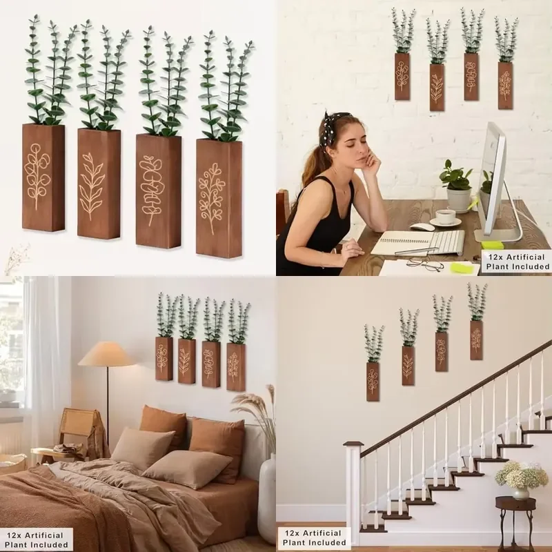 for 4 Pack Wooden Wall Flower Pot Vase with 12 Artificial Eucalyptus Plants Carved Decoration  Living Room Kitchen Wall Decor