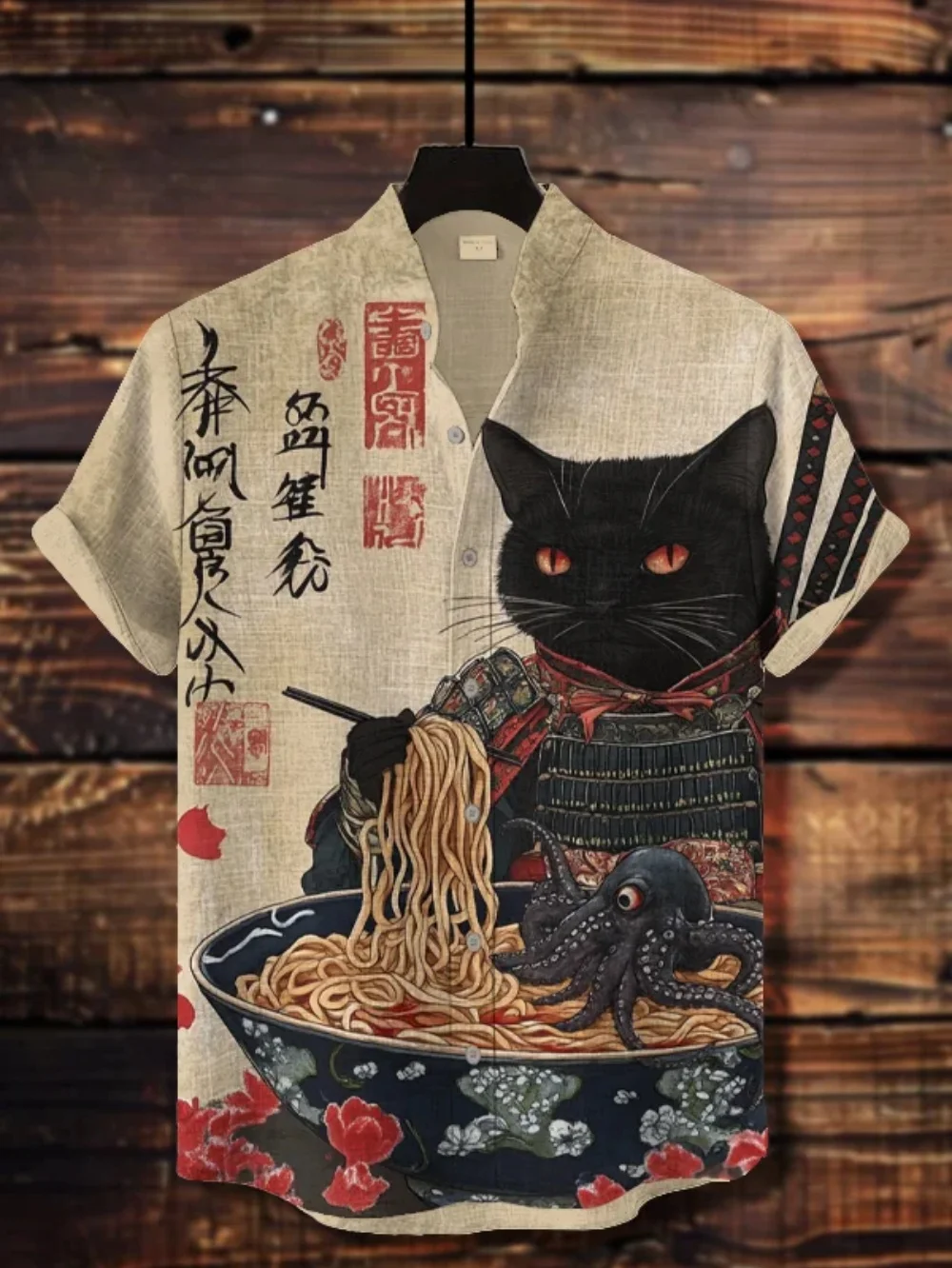 Cat printed shirt, fashionable social party men's stand up collar button down linen shirt,rest vacation men's top, fast shipping