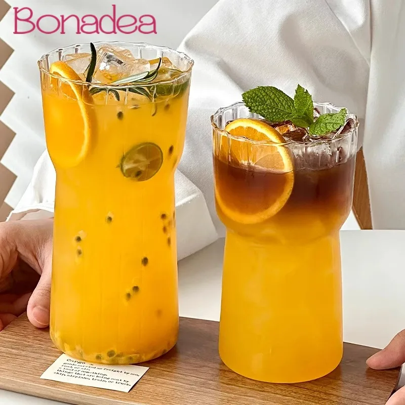 Wide Mouth Large Capacity Glass Cups,700ml Glass Drink Cup,Striped Juice Glasses Cups,Coffee Water Cup With Straw,Kitchen Tools