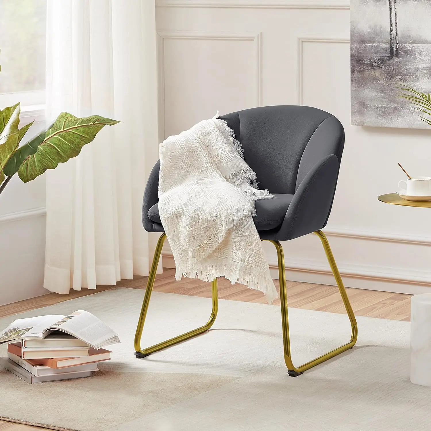 Chair with Golden Metal Legs for Living Room/Dressing Room/Bedroom/Home Office/Kitchen, Dark Gray