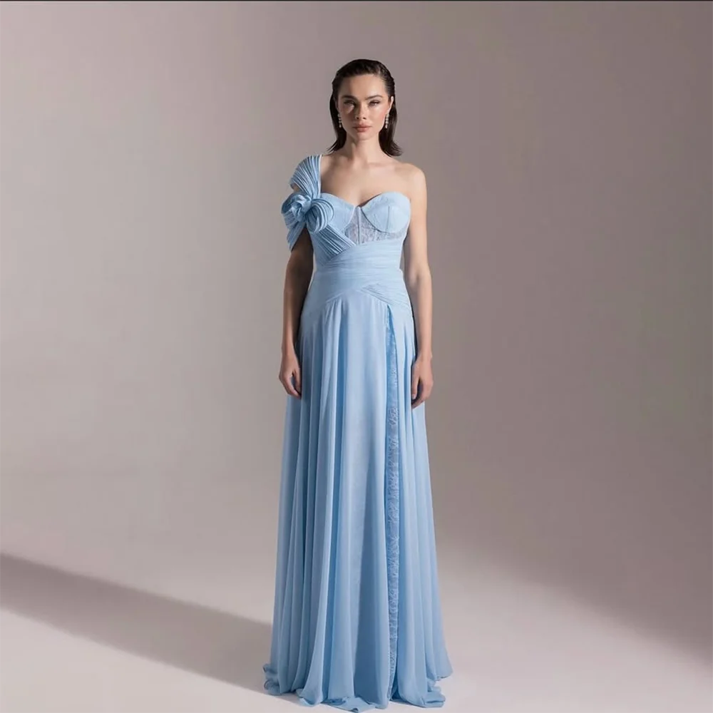 

Sky Blue Evening Dress One Shoulder Sweetheart Pleat Chiffon A Line Evening Gowns Floor Length Formal Party Dress Customized