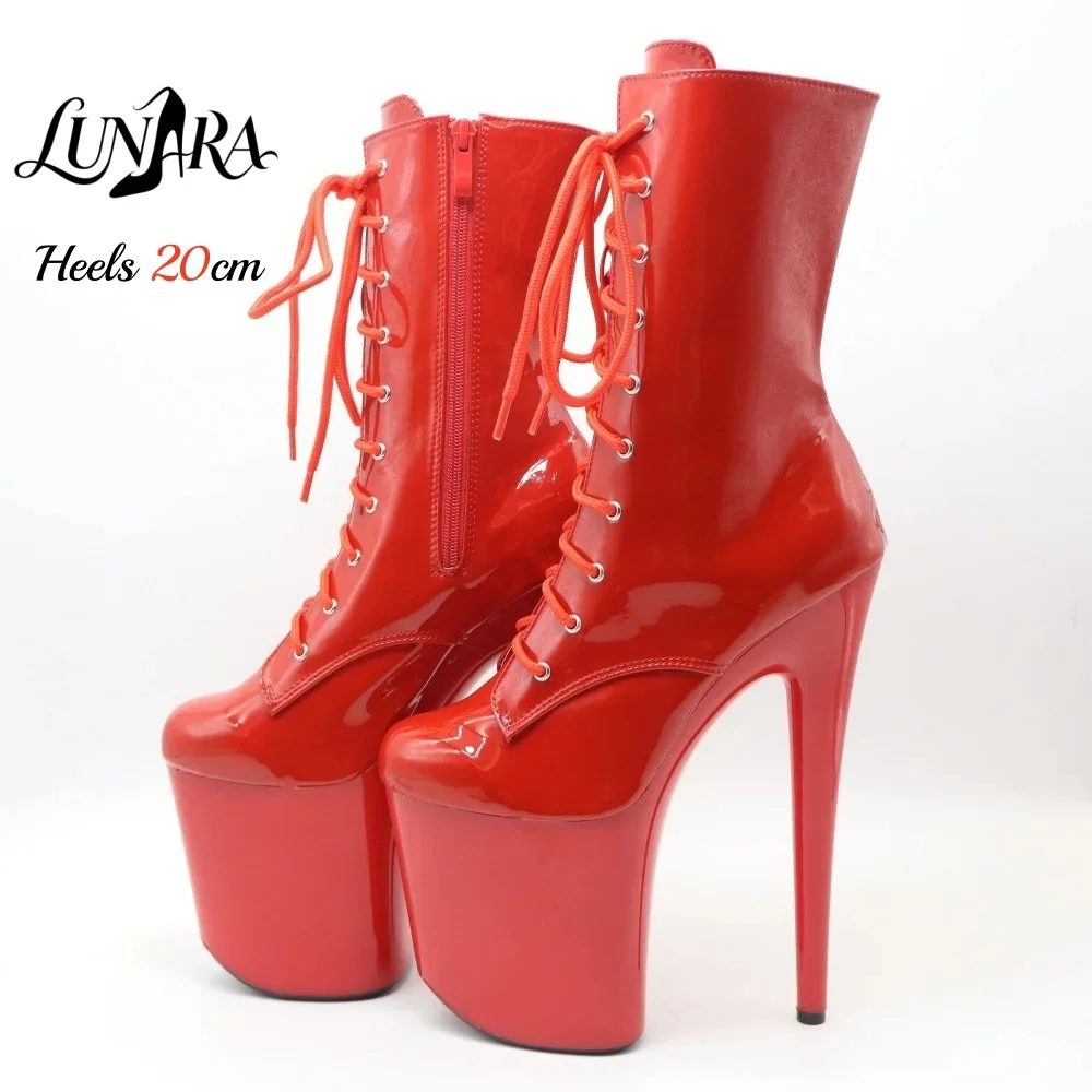 20cm/8Inch Red Patent Platform High Heel Ankle Boots Lace-Up Zipper Non-slip Gothic Performance Pole Dance Ladies Rave Stage