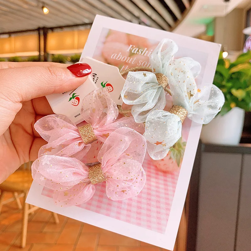

2pcs/pair Candy Color Korean Cute Bows Shiny Star Girls Elastic Hair Bands Lace Rope Pink Hair Accessories for Children Kids