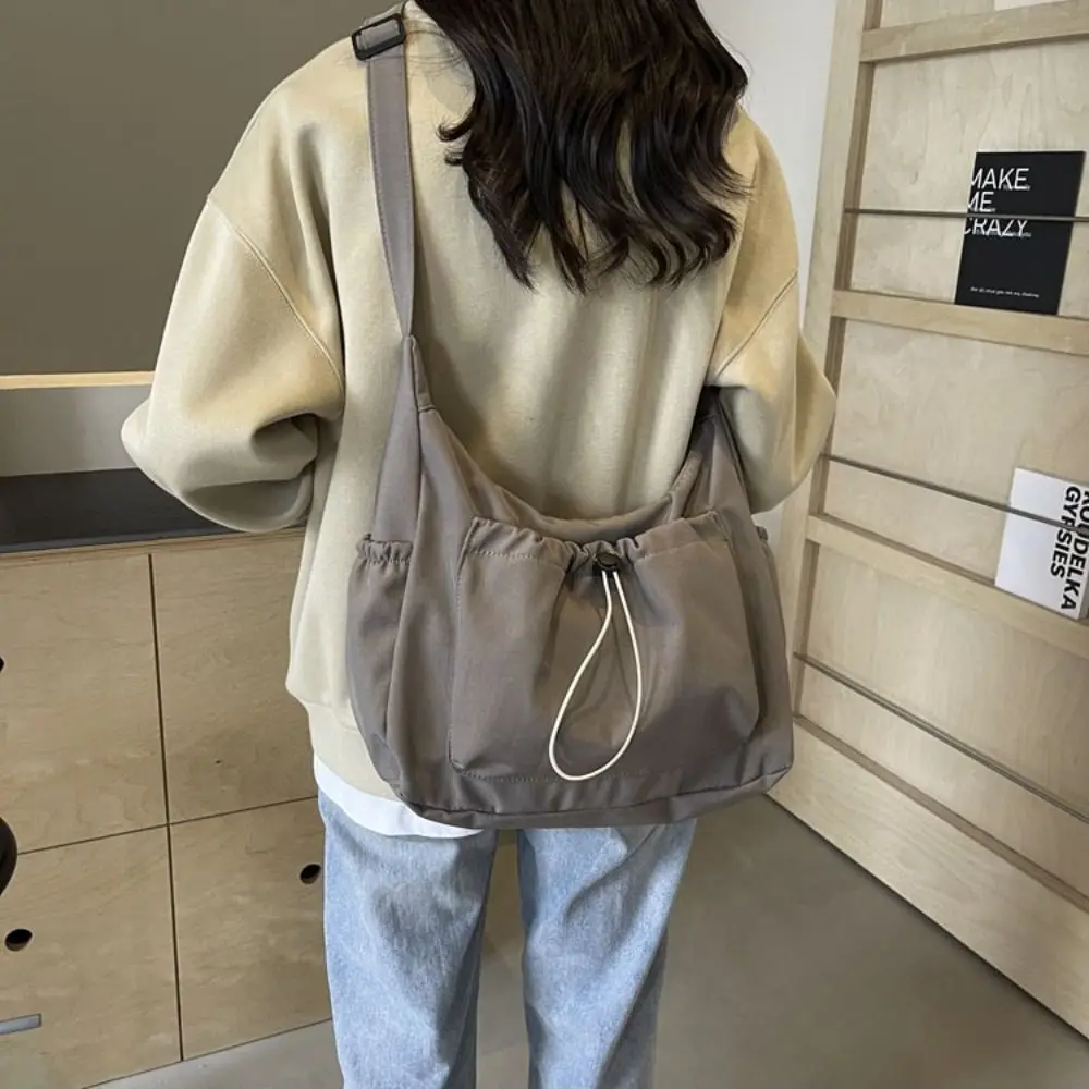 

Solid Color Drawstring Tote Bag Lightweight Large Capacity Nylon Crossbody Bag Korean Style Breathable Pleated Shoulder Bag