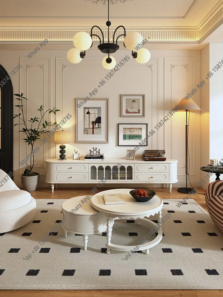 

French solid wood coffee table round size combination living room household cream style white American coffee table