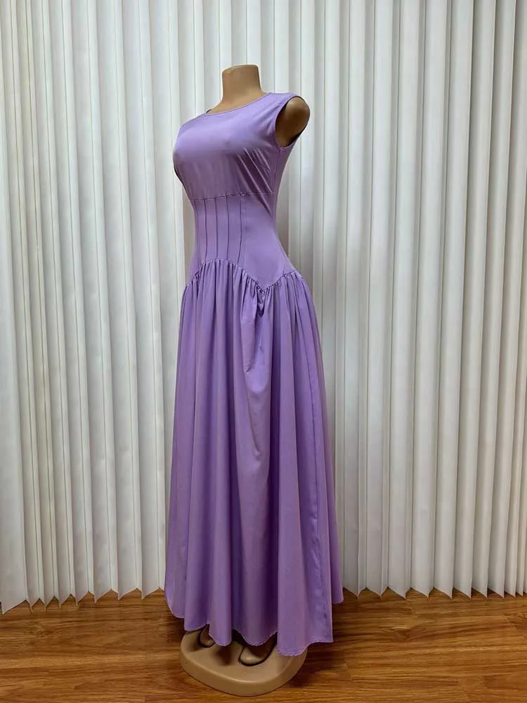 Classic French Dress Women Elegant O Neck Long Sleeveless Dress Cut Out Backless Summer Casual High Waist Slim Tank Top Dress