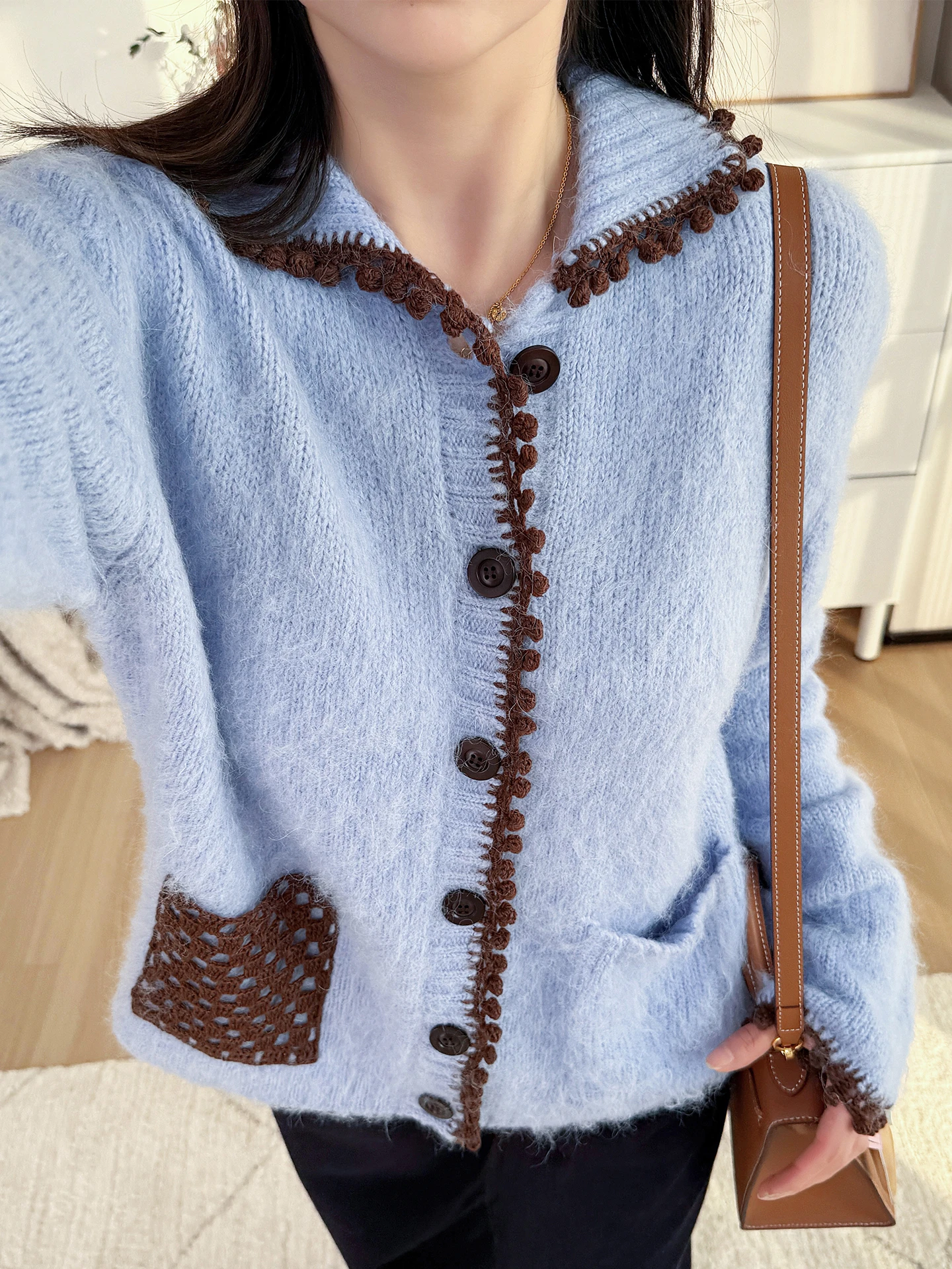 

Hand-Knitted Baby Blue Woolen Knit Cardigan Loose Doll Collar Women's Sweater Coat Casual Sle Long Sve ort Length