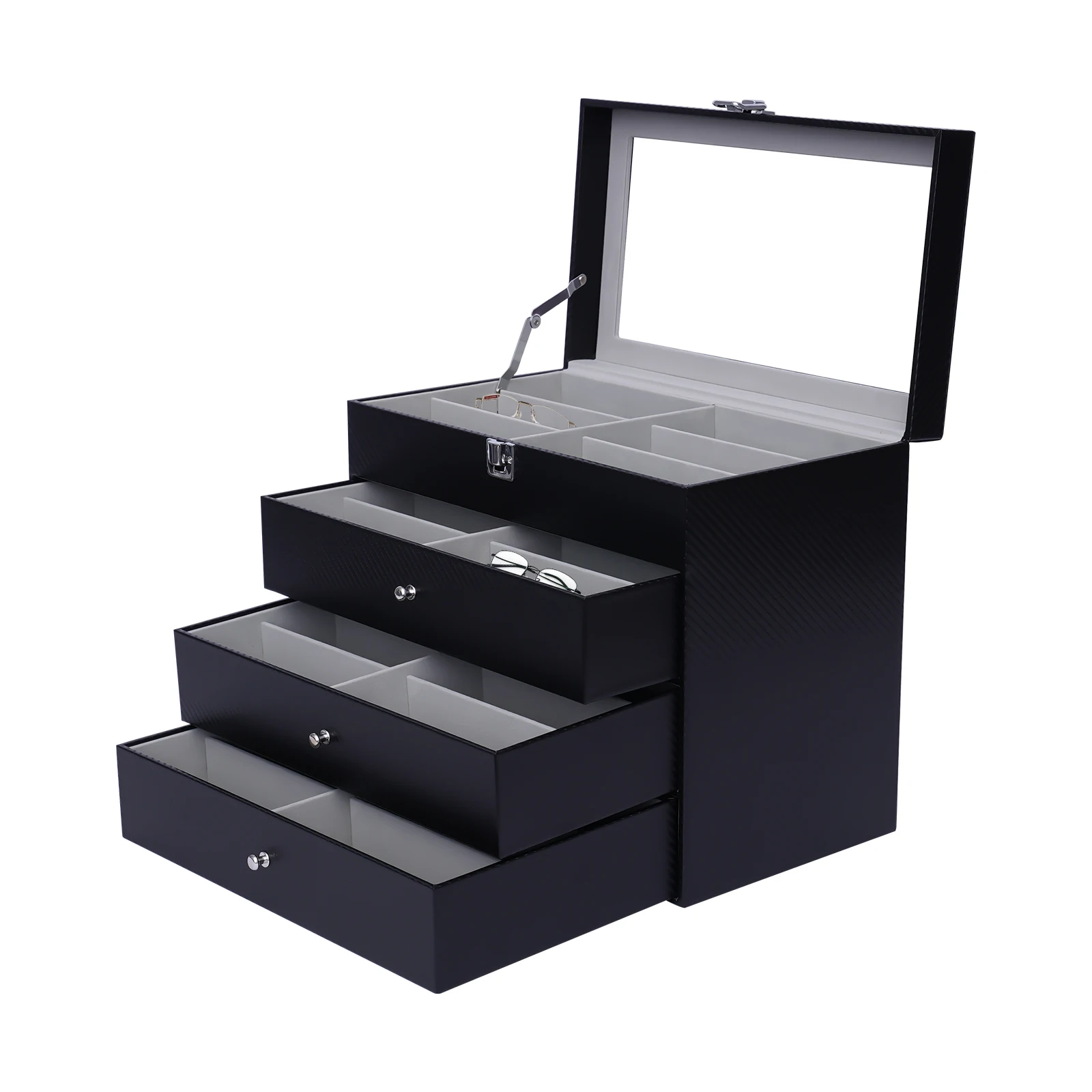 Eyeglasses Organizer 4-Tier 24 Separate Compartments Display Box Sunglasses Storage Box Holder Full Pull-out Design W/Lock