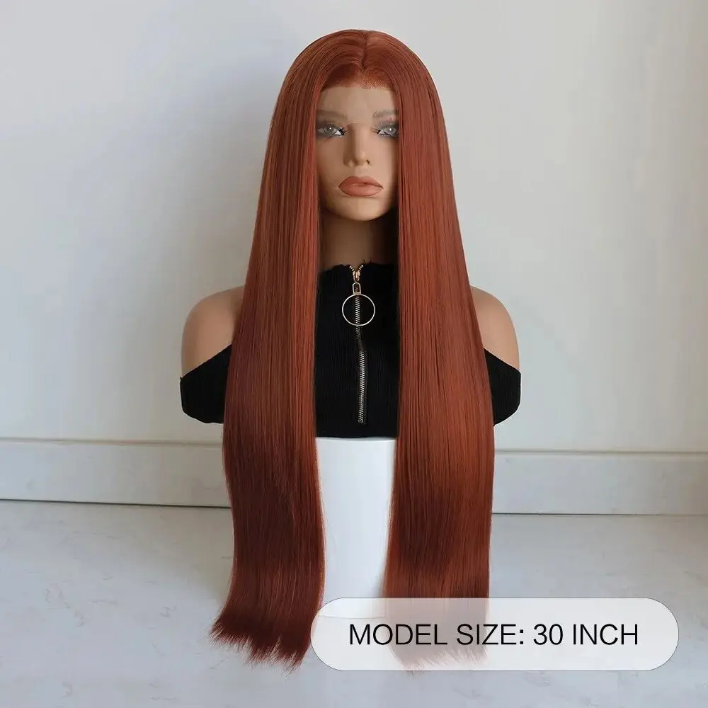 Parrucca anteriore in pizzo sintetico marrone rossastro donna 80CM può essere utilizzata per raddrizzare i capelli ricci parrucche Glueless Cosplay capelli pronti da indossare.