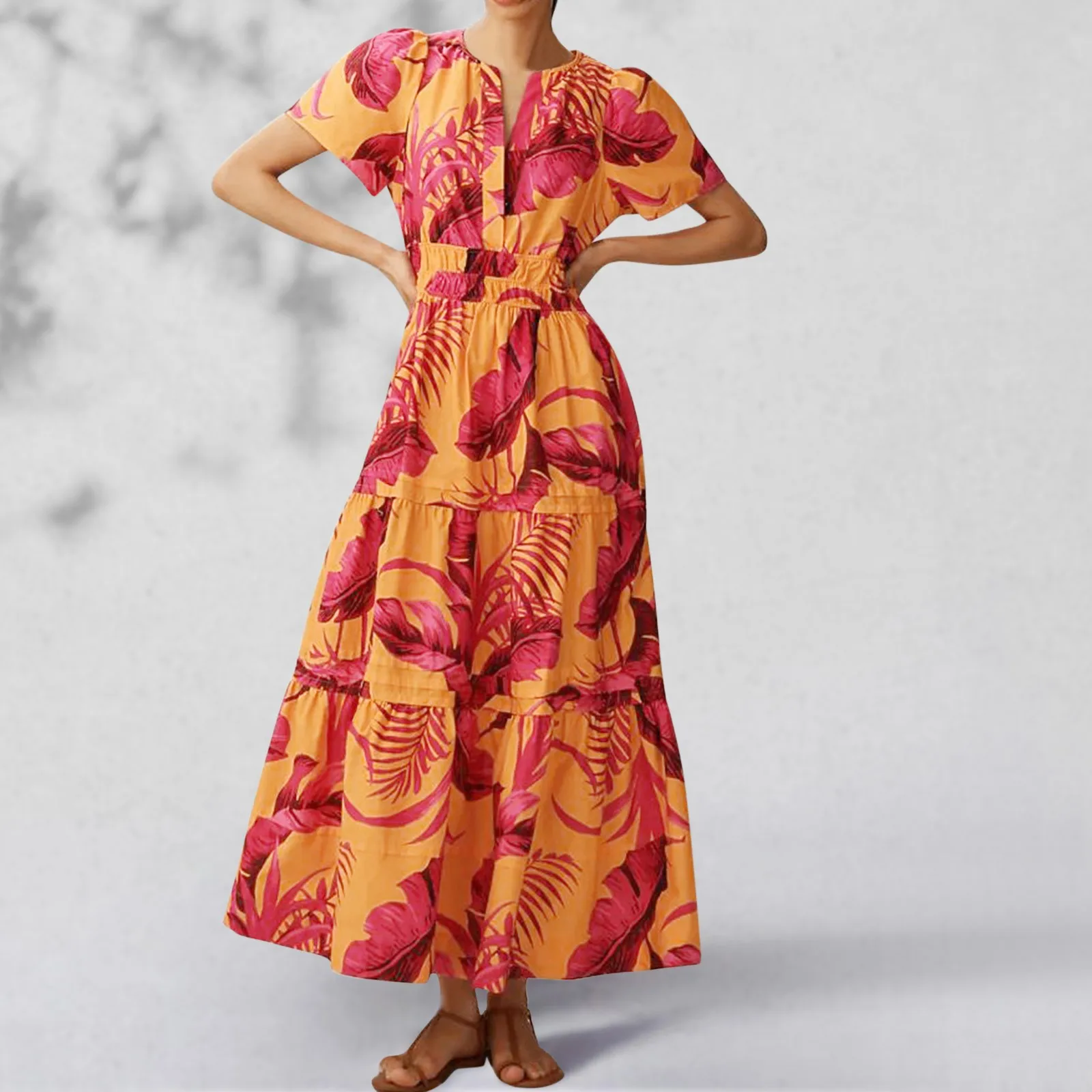 

Vintage Printed Elegant Dress for Women High Waisted V-Neck Pleated A-Line Dresses Short Sleeved Vacation Long Maxi Dress