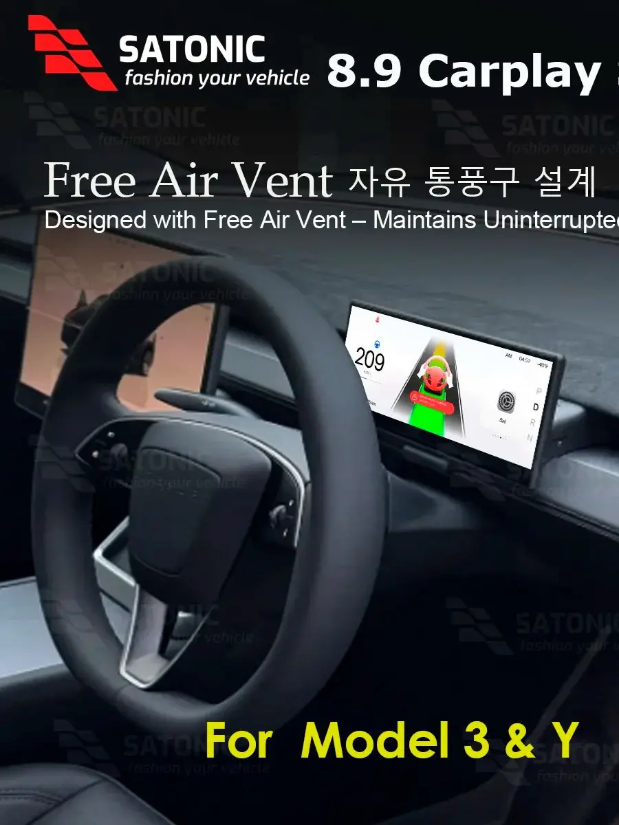 SATONIC 8.9'' Digitaal Instrumentenpaneel Carplay Dashboard voor Tesla Model 3 & Y Gratis Air Vent Front View Camera Plug & Play - afbeelding 2