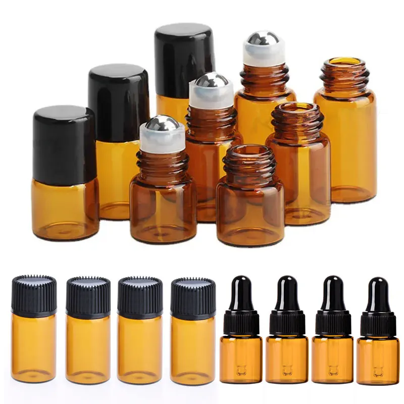 1ml 2ml 3ml 5ml X100 Amber Glass Mini Essential Oil Dropping Bottle Empty Vial With Dropper Black Caps Perfume Can For Traveling