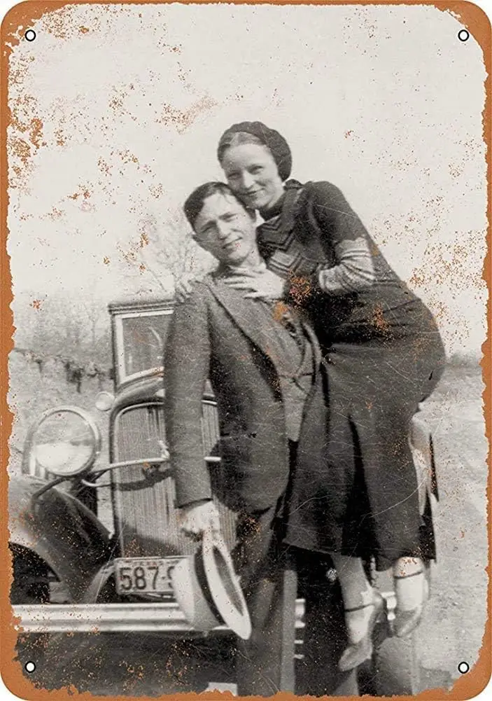 1933 Happy Bonnie and Clyde Portrait Vintage Metal Sign es-aluminum
