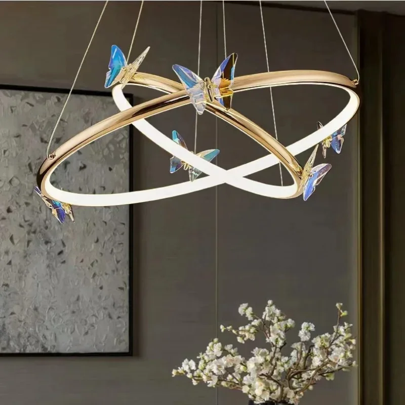 Modern Gorgeous Butterfly Flying Golden Ring Home Decoration Lighting Line Adjustable LivingBedroom LED Chandelier Well Packed