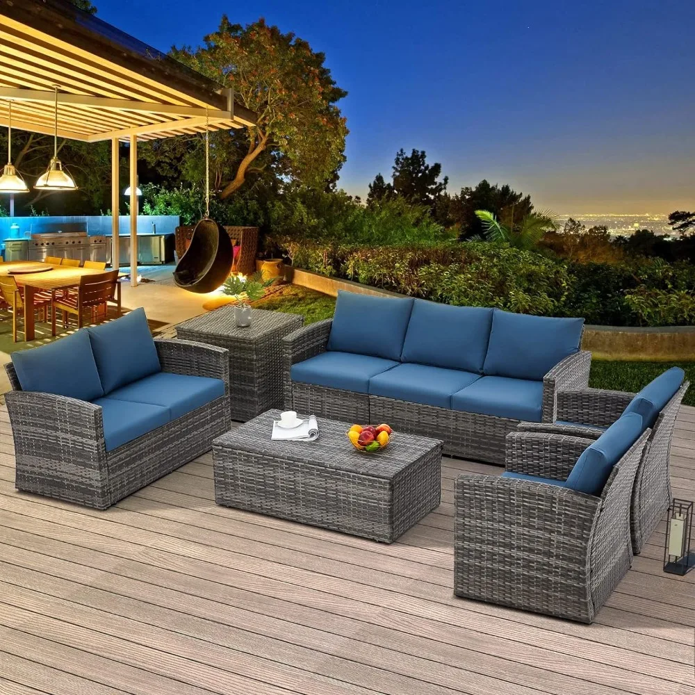 

Outdoor Sofa Outdoor Dialogue Set All-weather PE Wicker Segmented Sofa Garden Furniture Brown Rattan and Blue Cushion Sets Patio