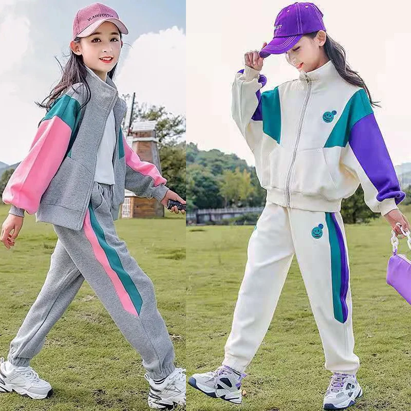 2024 adolescenti ragazze abbigliamento Set primavera autunno Patchwork manica lunga cerniera cappotto + pantaloni 2 pezzi vestito per bambini 5-14Y