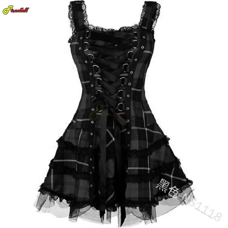 Duży rozmiar 5XL Damska średniowieczna sukienka Vintage Gothic Lace Up Summer Dress Dark Lolita Costume Steampunk Mini Cosplay Dress