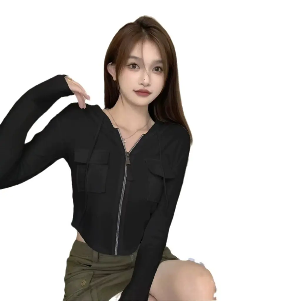 Spice girls curto com capuz camiseta jaqueta doce e quente estilo fino ajuste de manga comprida cintura moda chique outono outerwear