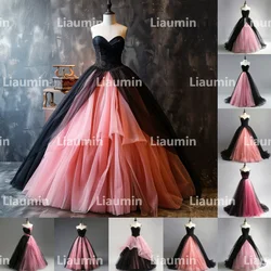 Pink Tulle And Black Strapless Evening Dresses Bridal Gowns Full Length Formal Occasion Party Clothing Hand Made Custom W15-37