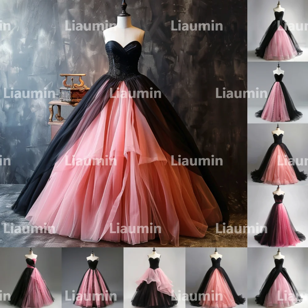 Pink Tulle And Black Strapless Evening Dresses Bridal Gowns Full Length Formal Occasion Party Clothing Hand Made Custom W15-37