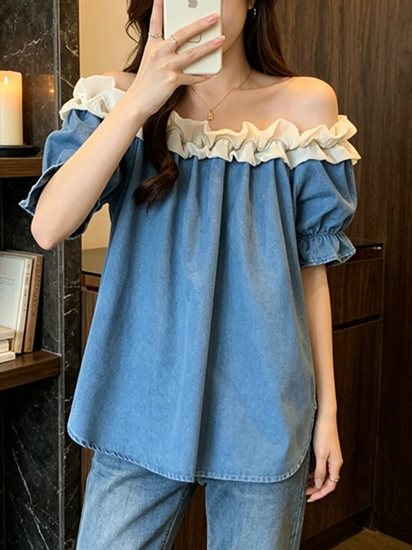 

Summer New plus Size Women's Denim Short Sleeve Loose Casual Top with Lace Collar Stylish Slimming Versatile Commute Style