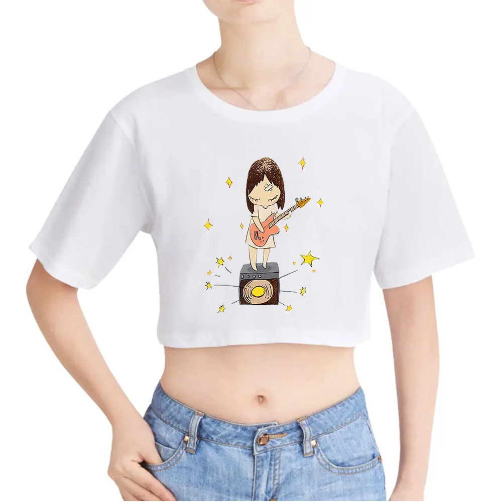 Yoshitomo Nara Guitar Girl Vintage 90s Crop Top Exposed Navel T-Shirt Oversize O-Neck Tops Funny Tshirt Top Women