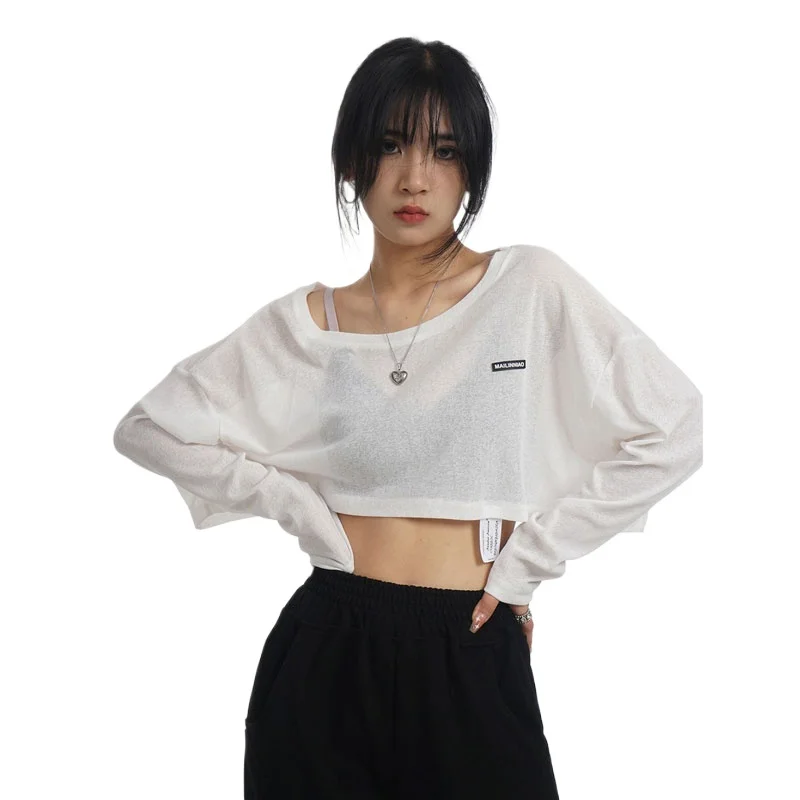 Hiphop  Women T-shirt Casual Long Sleeve Crop Top Loose Fit Yoga Tops T Shirts Solid Color Medium Long Yoga Training Tops