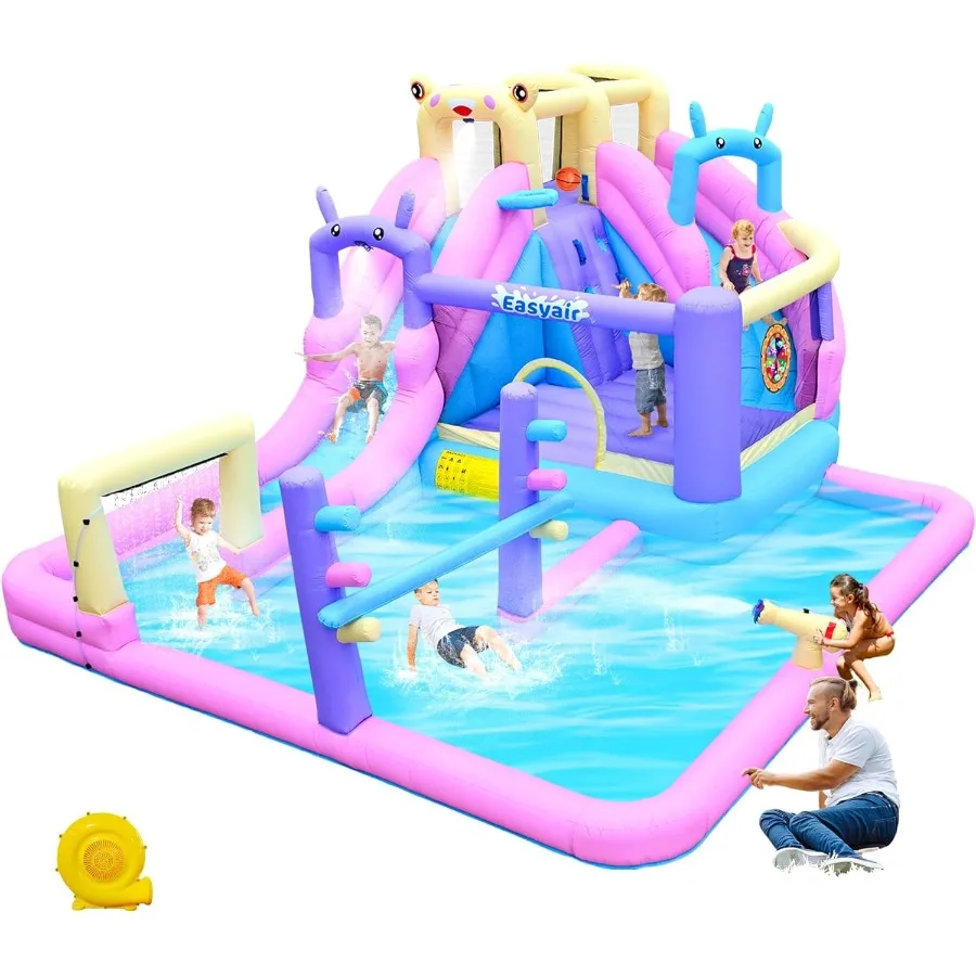 Glissière d'eau gonflable pour maison de rebond, Combo de glissières d'eau pour cavalier d'arrière-cour avec mur d'escalade, cerceau de basket-ball, Splash Po