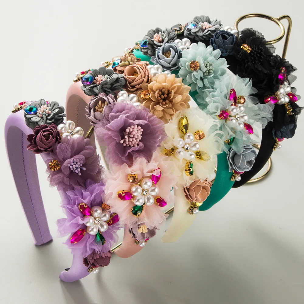 

Baroque Floral Headband Puffy Mesh Blossoms Luxury Crystals Tiara Statement Birthday Party Wedding Prom Hair Accessories