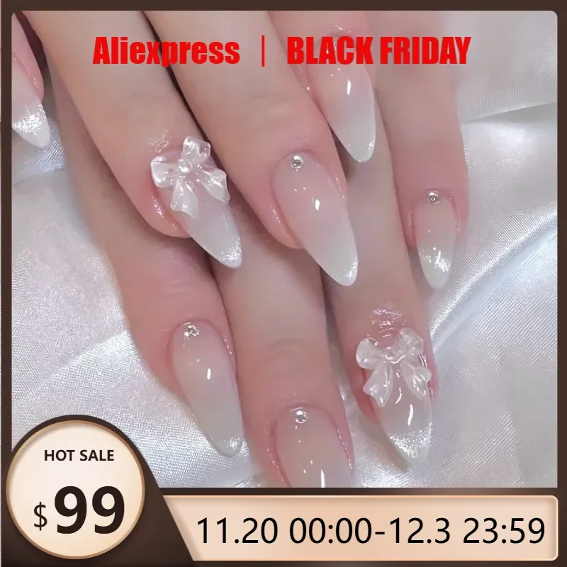 

24pcs Sweet Cat's Eye Almond French Press-On Nails with 3D Bow and Rhinestone Embellishments Full Coverage Fake Nails for Women