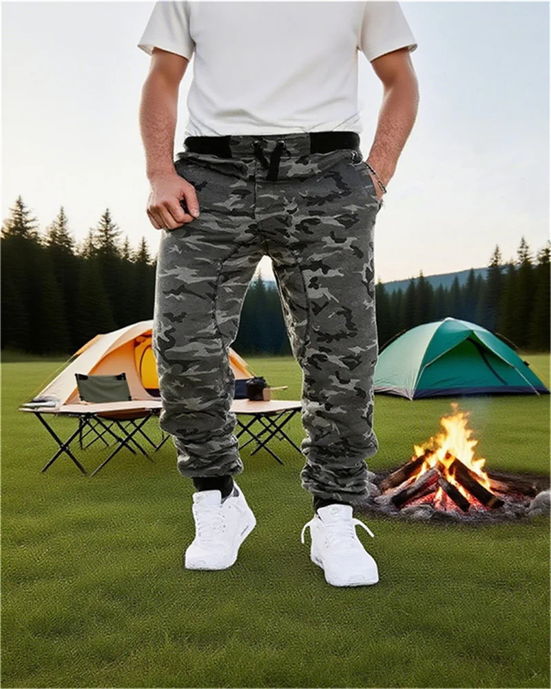 

2025 new running pants men camouflage elastic work pants drawstring multi pocket bottom pants casual running pants S-5XL