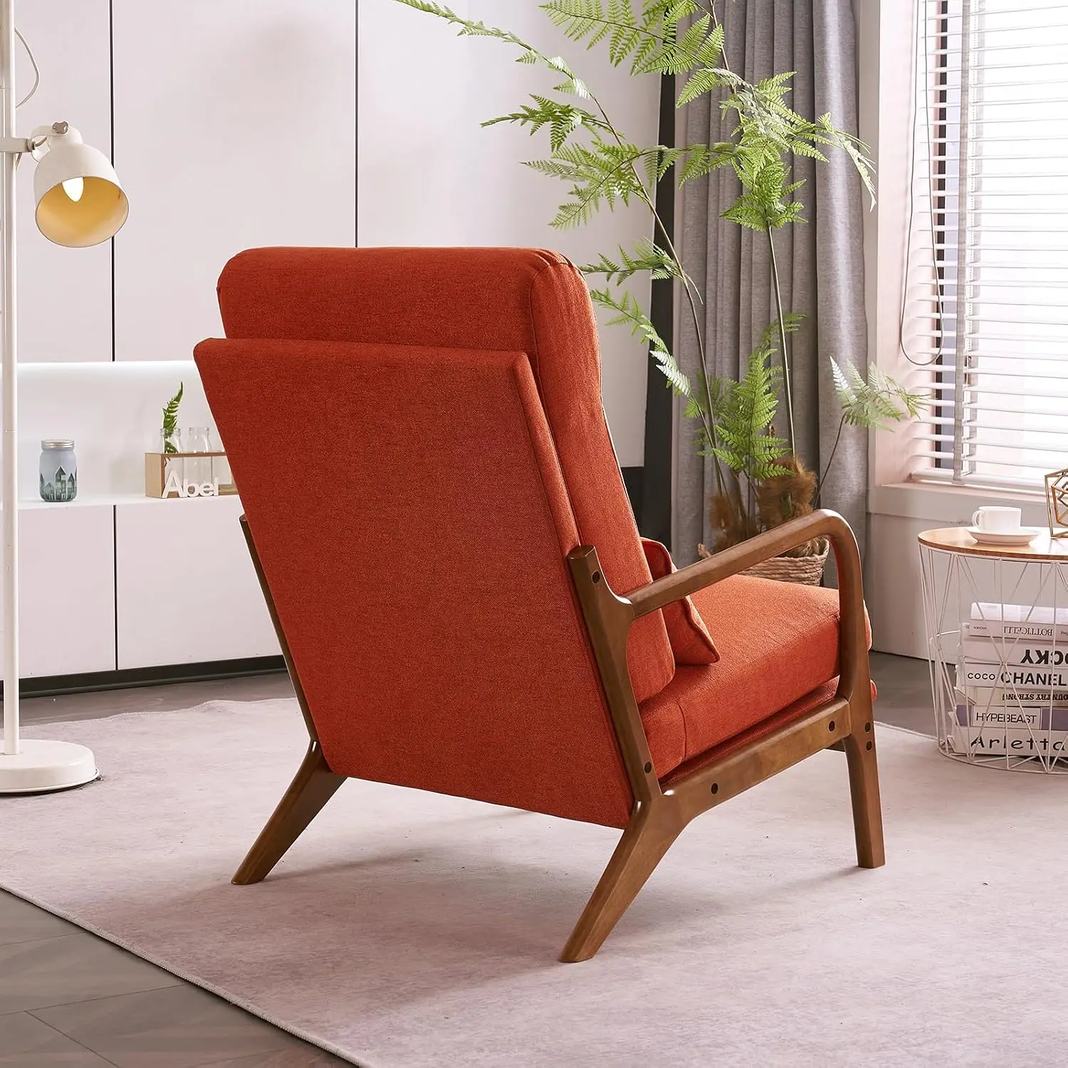 High Back Linen Accent Chair Solid Wood Padding Lounge Armchair for Living Room Bedroom Guest Room, Customized