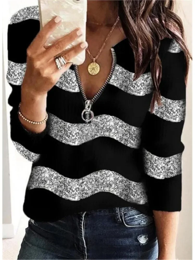 Outono zíper com decote em v manga longa impressão casual topo camisa feminina moda blusas soltas e topos feminino