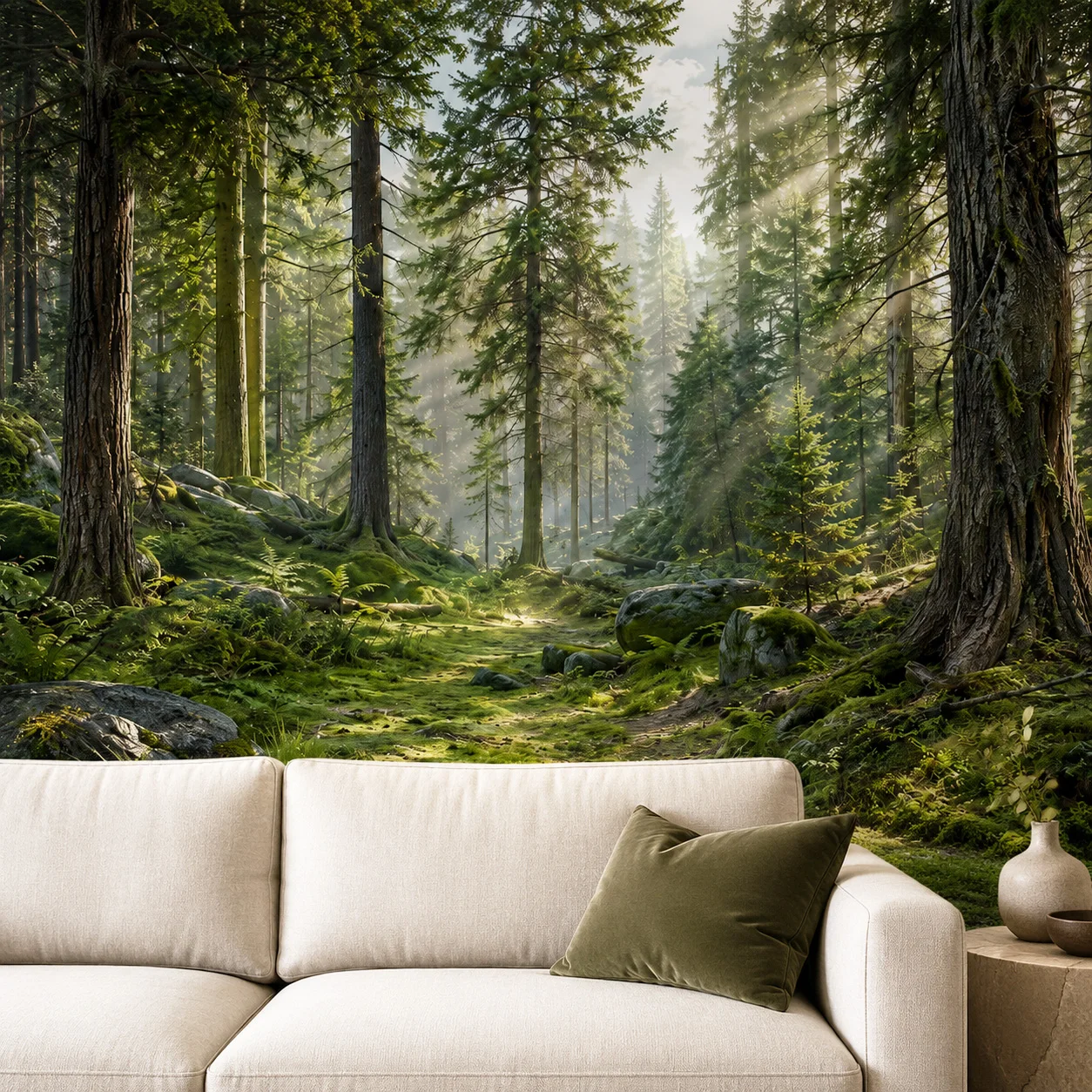 Sunlit Forest Wall Mural Wallpaper Green Woodland Nature Landscape Pine Trees for Living Room Bedroom Decor Non Self Adhesive