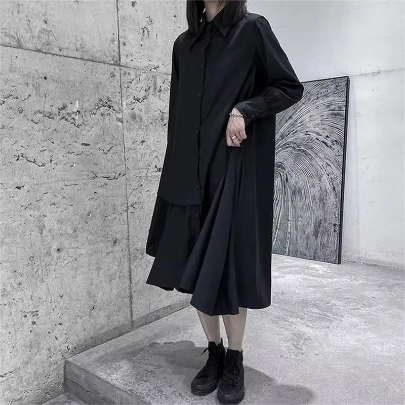 

Ladies Long Sleeve Dress Early Spring New Classic Dark Fashion Irregular Folds Casual Large Size Shirt Skirt