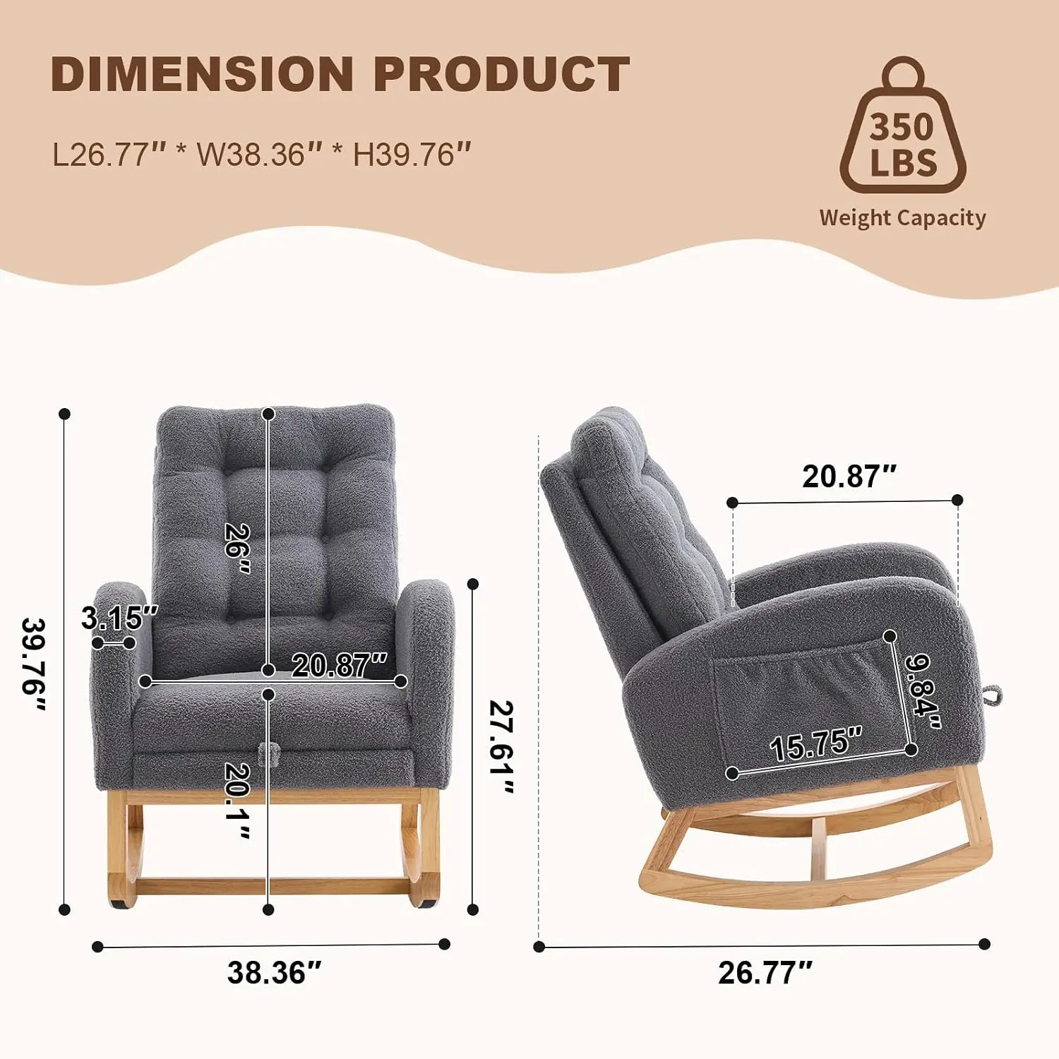 Teddy Fleece Nursery Glider Rocker with Adjustable Footrest & Side Pocket, Rubber Wood Base Rocking Chair for Living Room & Bedr