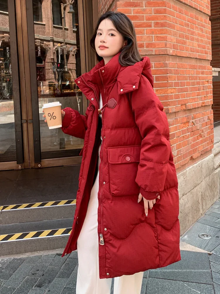 Vintage Red Thickened Down Jacket Winter High Quality Long Bread Clothes Loose Big Quilt Plus Size White Duck Puffer Coat Women