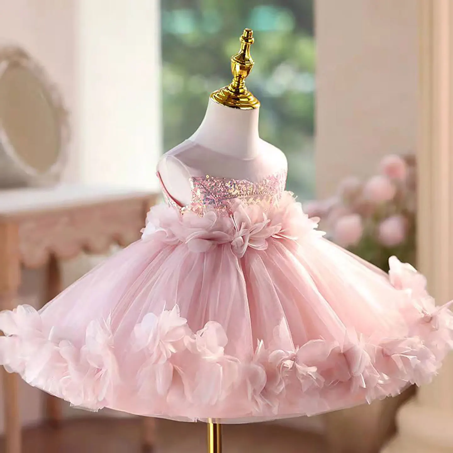 Dreamy Vow D094 Abito rosa con paillettes in tulle senza maniche per ragazze Affascinante mini abito da ballo primaverile estivo per feste di celebrazione dei bambini
