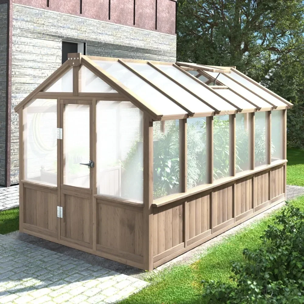 6 x 12 FT Wooden Polycarbonate Greenhouse with Ventilated Window and Lockable Door, Walk-in Greenhouse for Backyard, Patio