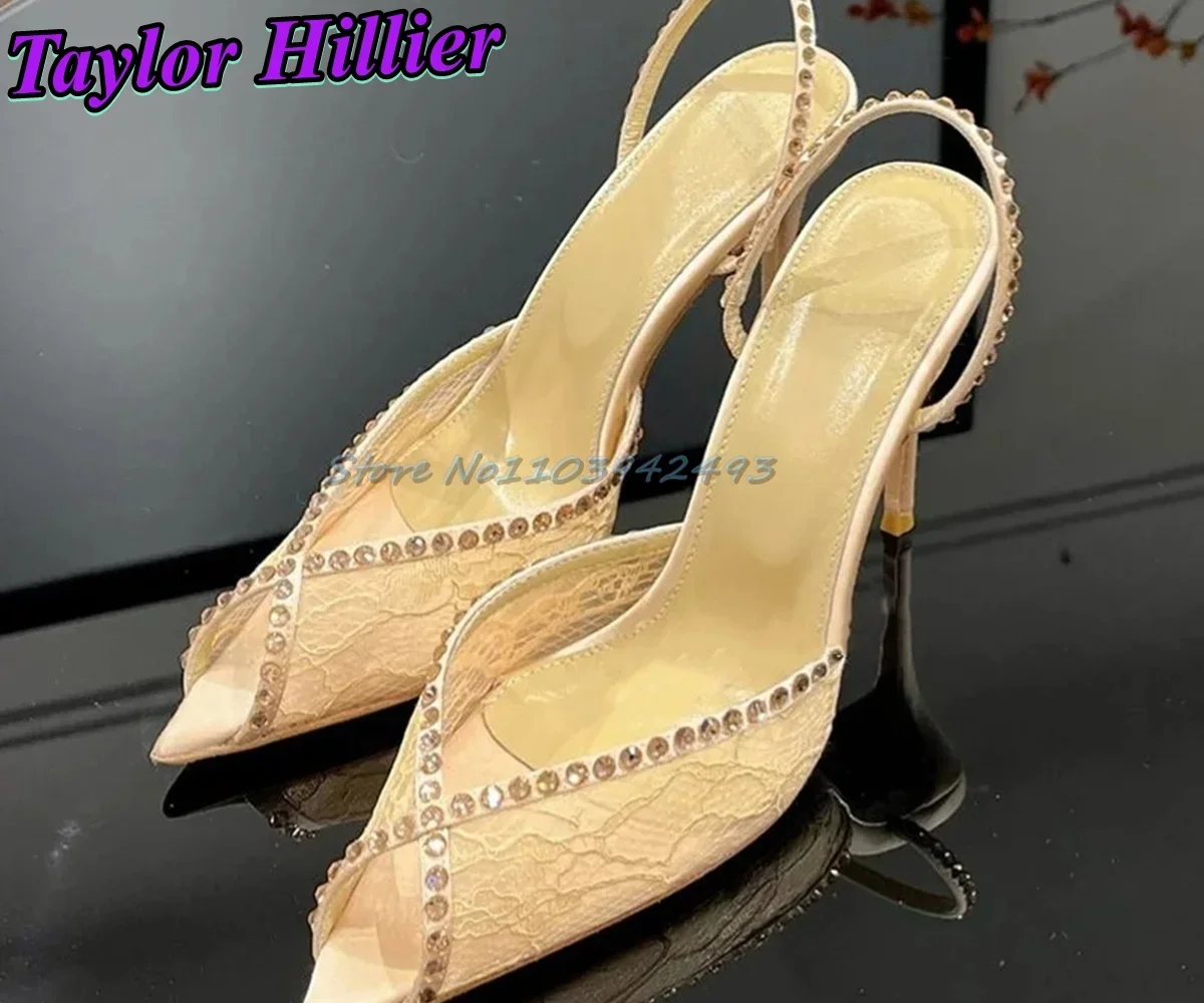 

Classic Air Mesh Heels Pointed Toe Heeled Sandals Summer Lace High Heel Designer Rhinestones Women Shoes Pull On Slip On Zapatos