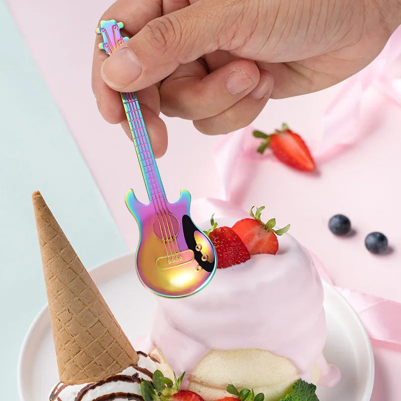 Coffee Spoon Stainless Steel Dessert Spoon Ice Cream Cutlery Gold  Polishing Guitar Handle Mixing Creative Teaspoon Tableware