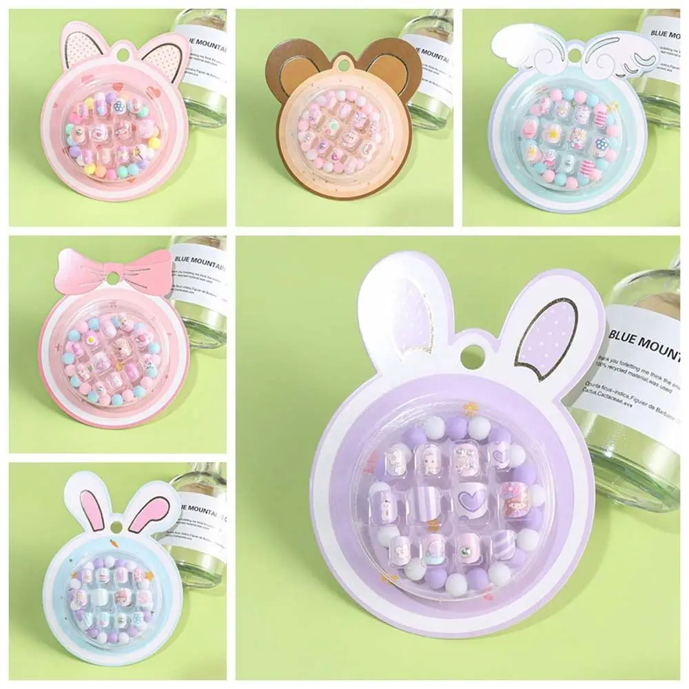 12 pçs/set material de manicure crianças unhas falsas pulseira acessórios para unhas cobertura completa dicas da arte do prego dos desenhos animados unhas falsas flores