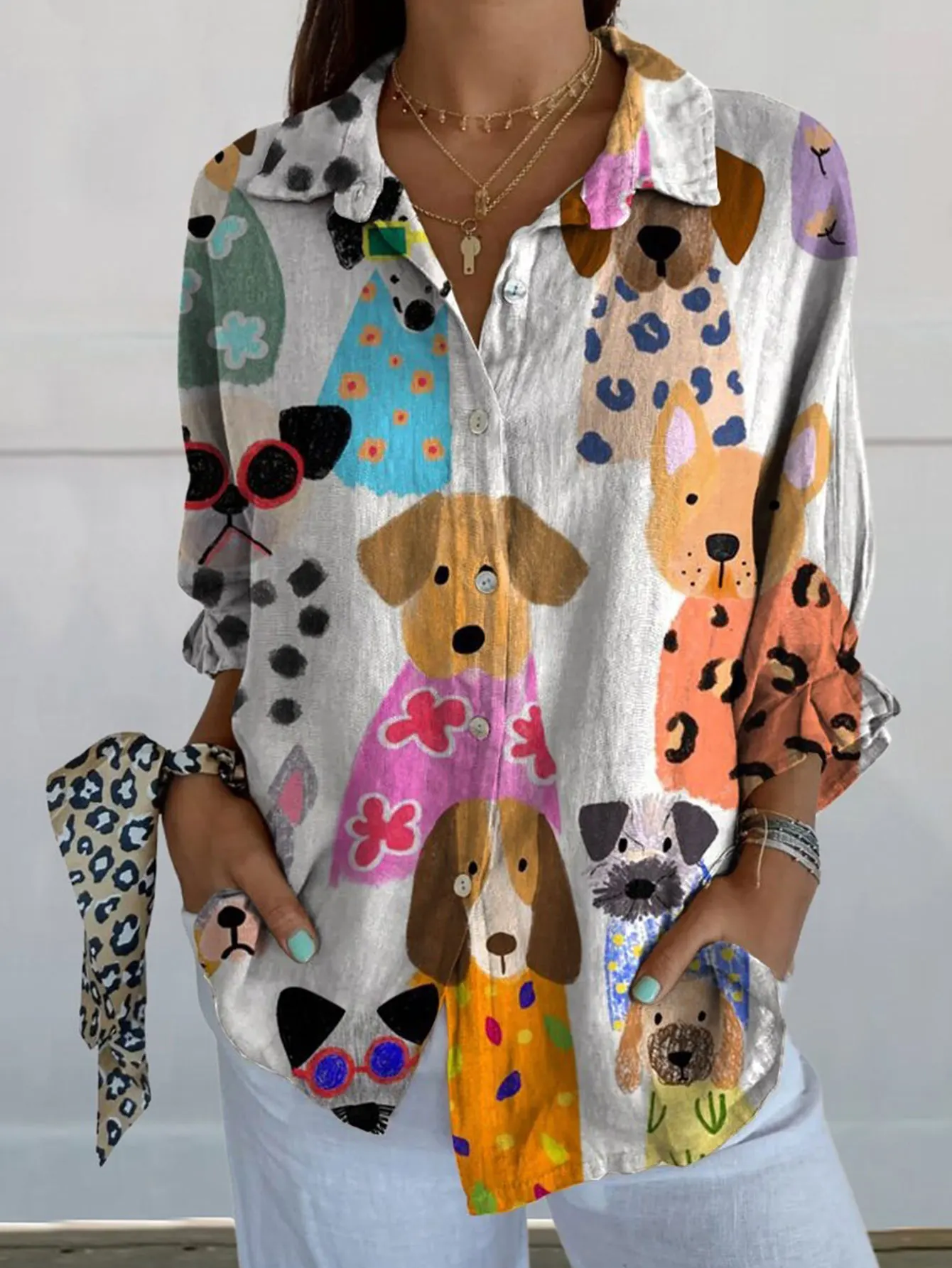

Осенняя модная женская рубашка с мультяшным принтом, повседневная однобортная рубашка с пышными рукавами, повседневный топ с воротником для женщин