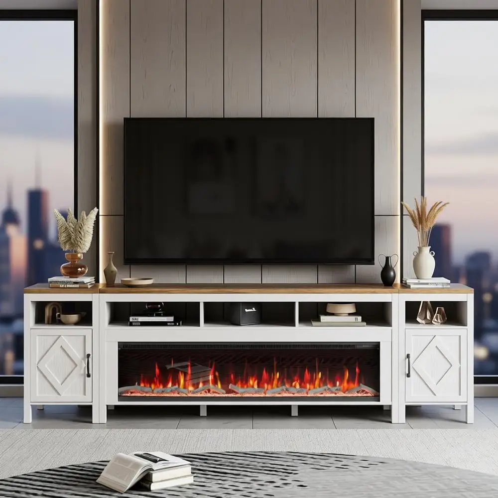 

Modern 60 Electric Fireplace TV Stand, White Entertainment Center for TVs up to 110 with Storage for Living Spaces