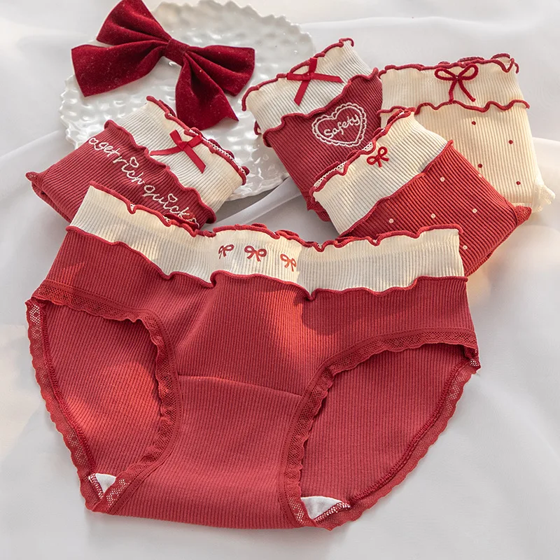 new Young girl Underwear 6pc/lot Cotton Lovely middle Waist Briefs student Panties children bow Teenagers M-XL fashion red