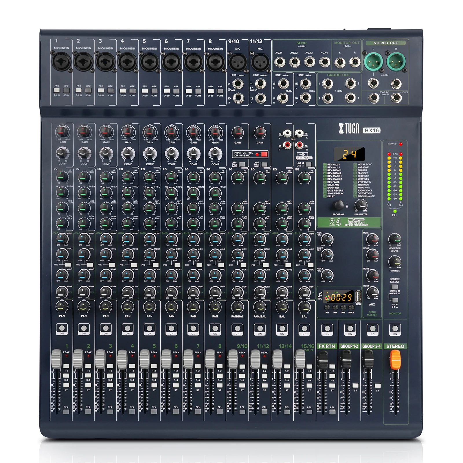 

BX16 16-Channel Professional Stereo Audio Mixer 24 DSP Group Set with Mute for Bluetooth and USB for Stage Video Lighting